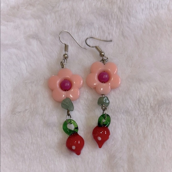 Flower and Strawberry Drop Earrings - Picture 1 of 1